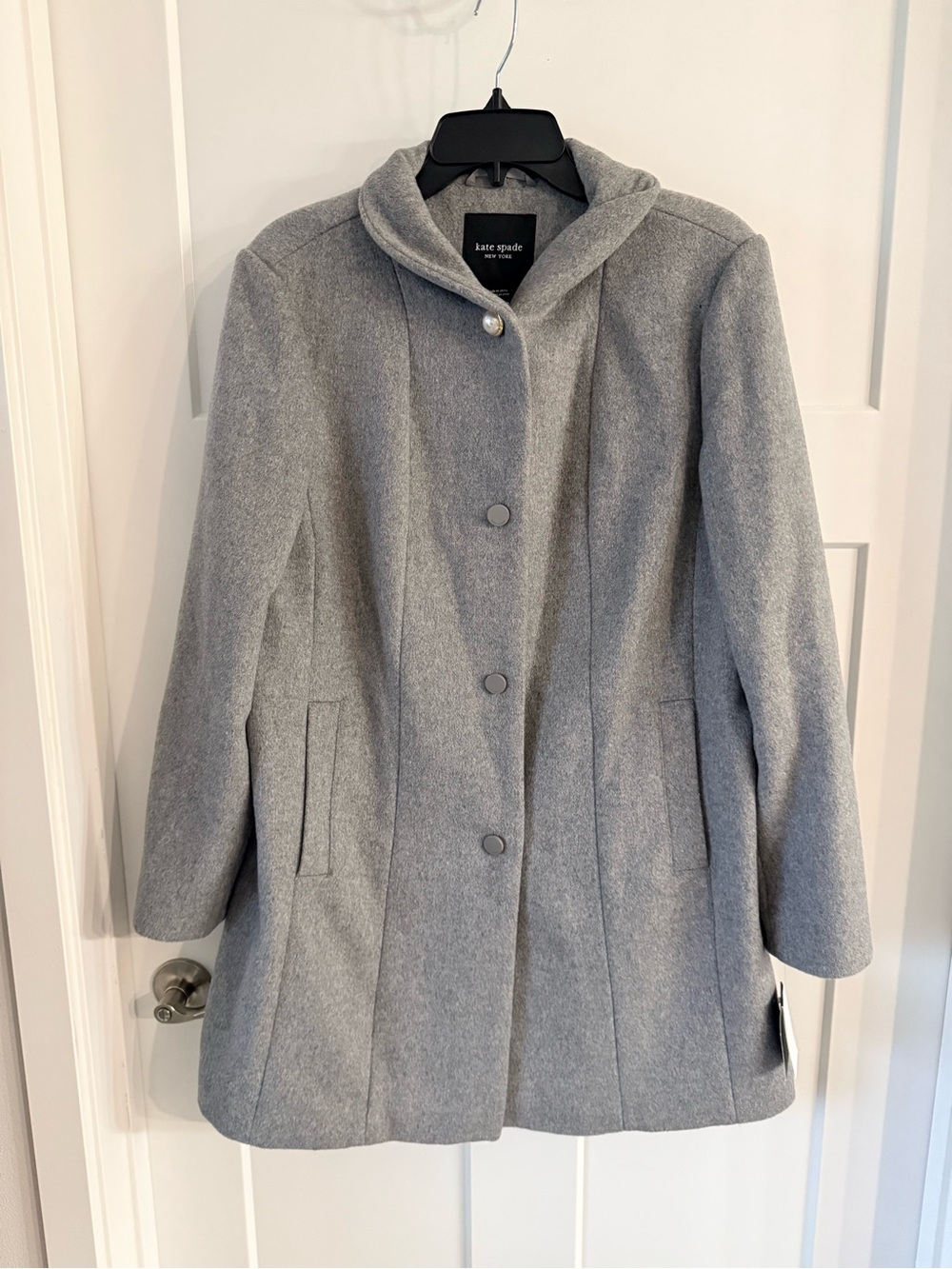 Kate Spade Gray Stand-Collar Wool Blend Pea Coat Pearl Detail NWT Size Large